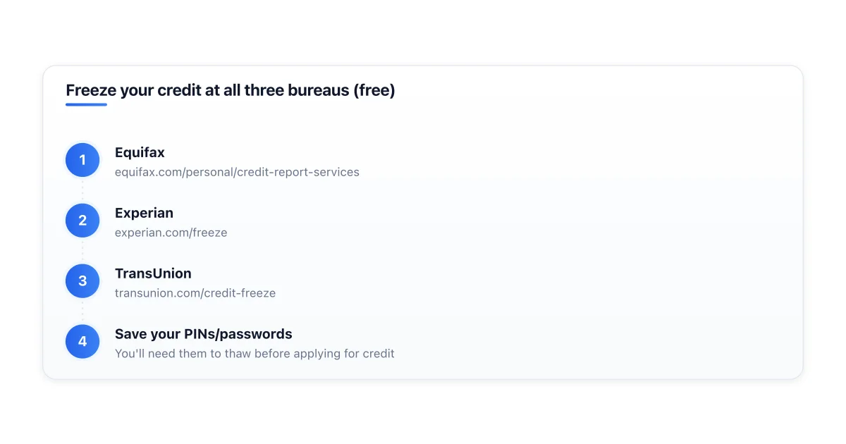 Three credit bureaus where to freeze credit.