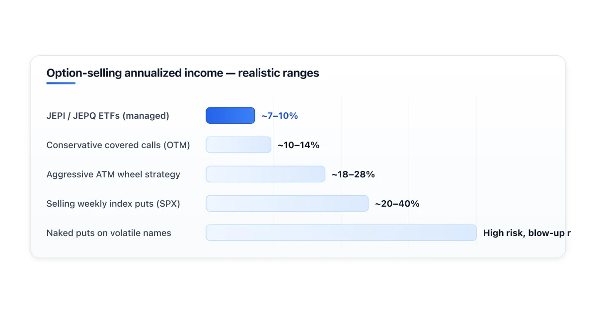 Realistic option-selling income by strategy and aggressiveness.
