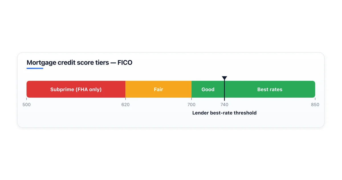 Credit score tiers and the rate impact for mortgages.