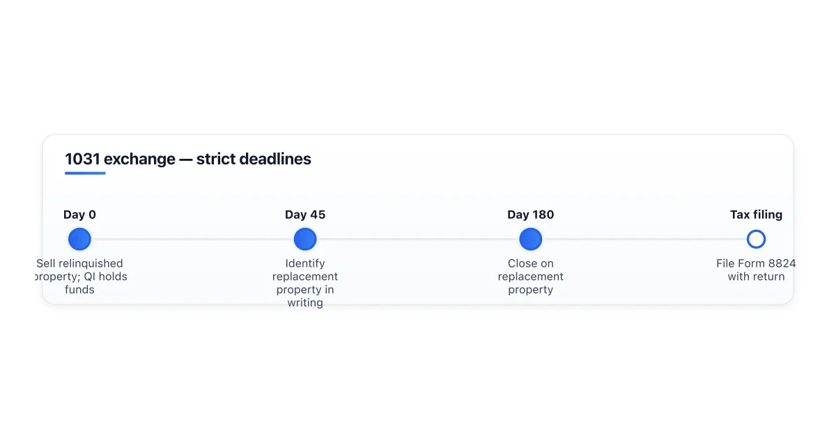 1031 exchange timeline showing 45 and 180 day deadlines.