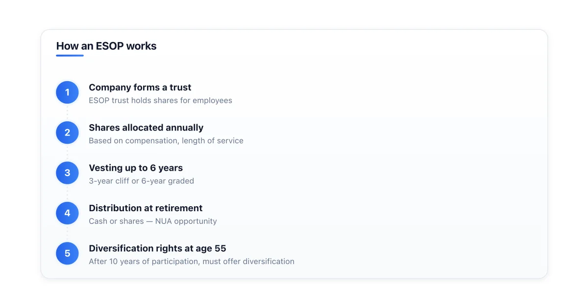How an ESOP grants employees ownership stake through retirement plan shares.