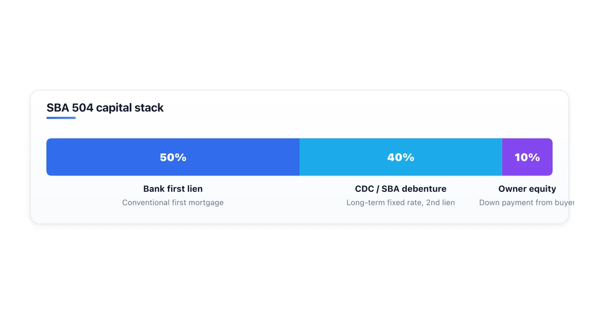 SBA 504 loan capital stack of 50% bank, 40% CDC, 10% owner.