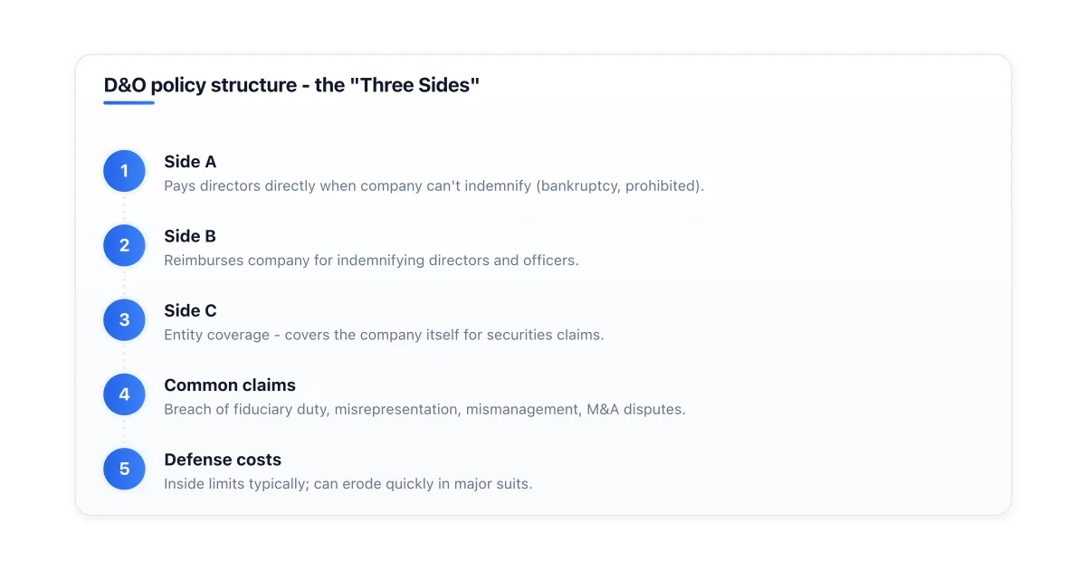 Three coverage sides of a directors and officers insurance policy.