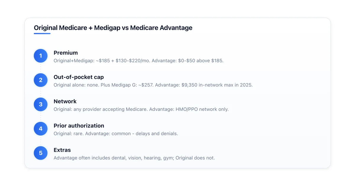 Side by side comparison of Original Medicare vs Medicare Advantage.