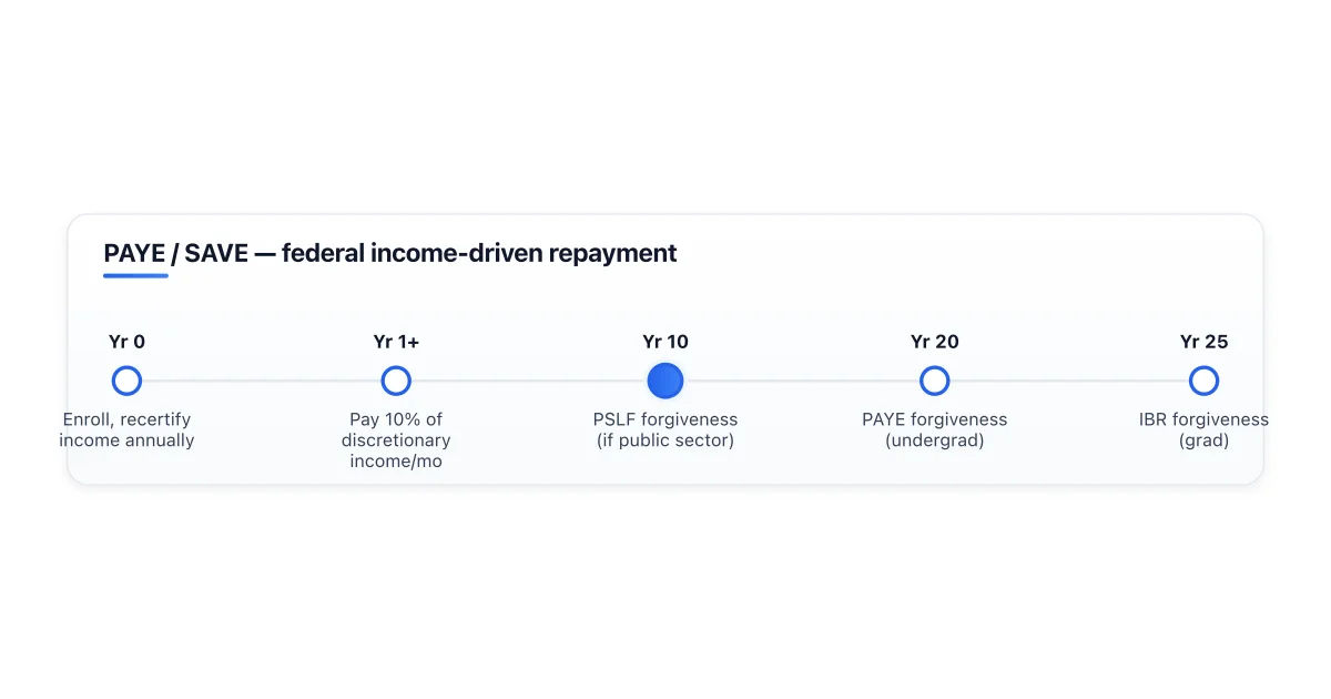 How PAYE caps payments and forgives balance over 20 years.