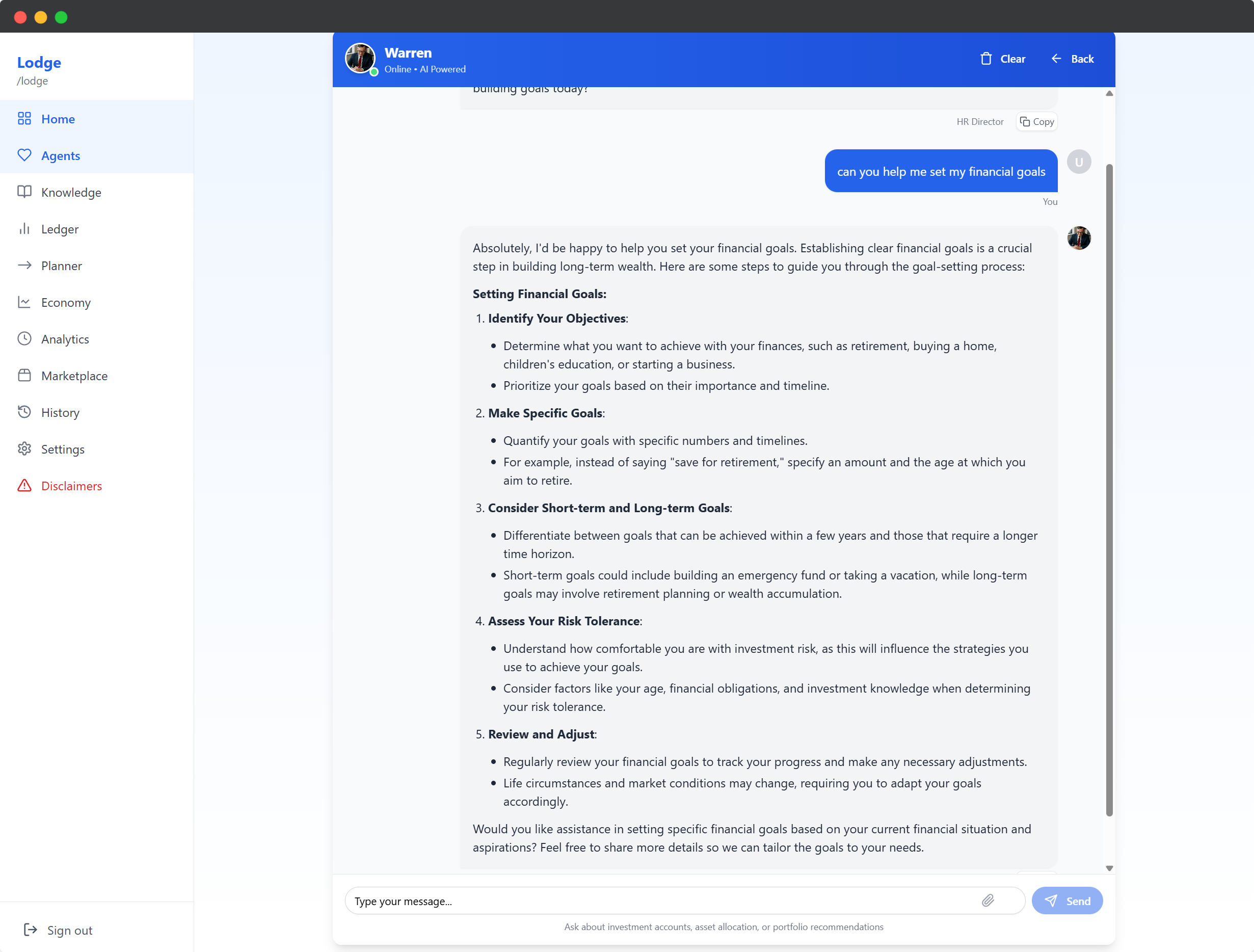 AI advisor interface